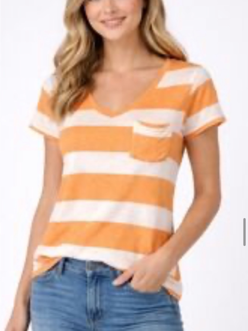 T.La Orange & White Striped V-Neck Pocket Tee anthropologie made In USA xl
